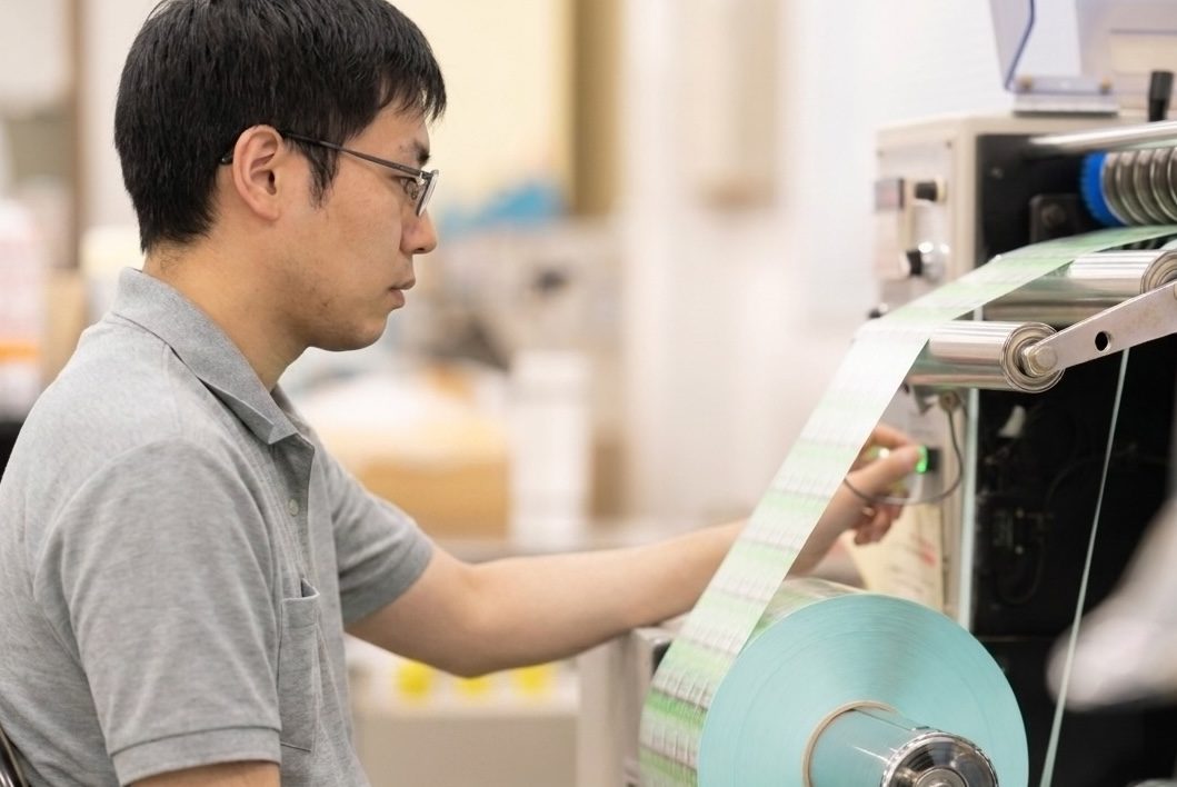 作業人員在分條復捲機前檢查捲筒標籤